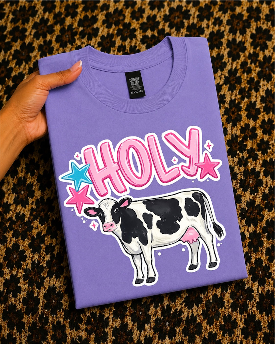 Holy Cow T-Shirt — Cute Cow Graphic Tee with 'HOLY' Pink Lettering