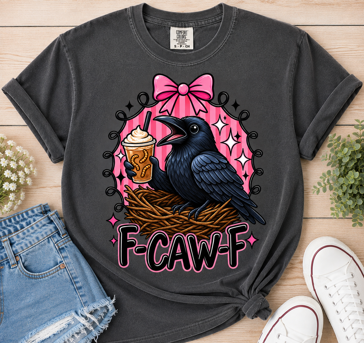 Raven & Coffee Graphic Tee — “F-CAW-F” Cute Goth Bird T-Shirt