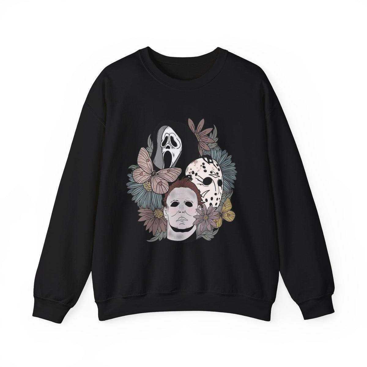 Horror Icons Floral Crewneck Sweatshirt — Scream, Michael Myers & Jason Mask Graphic