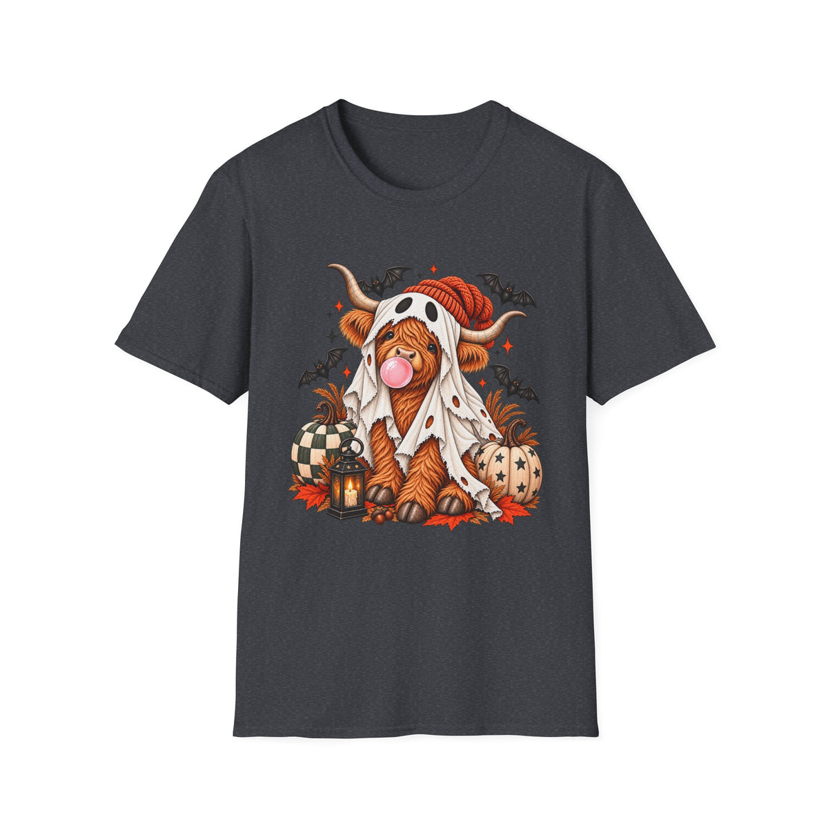 Halloween Highland Cow T-Shirt — Cute Cow in Ghost Costume with Bats & Pumpkins