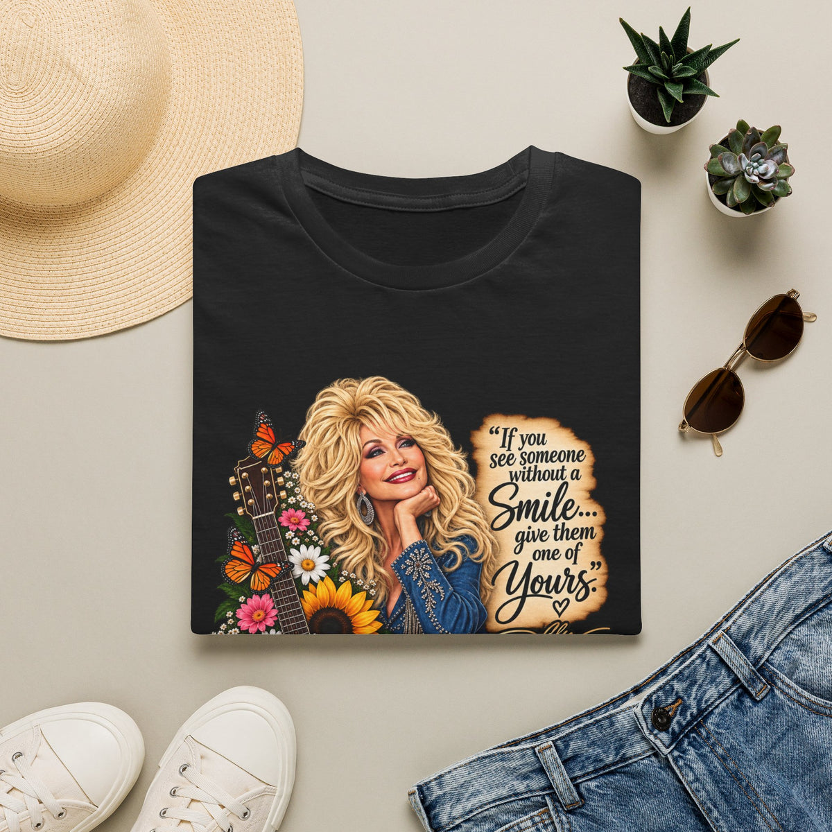 Dolly Parton Graphic T‑Shirt — “If you see someone without a smile…” Retro Floral Tee