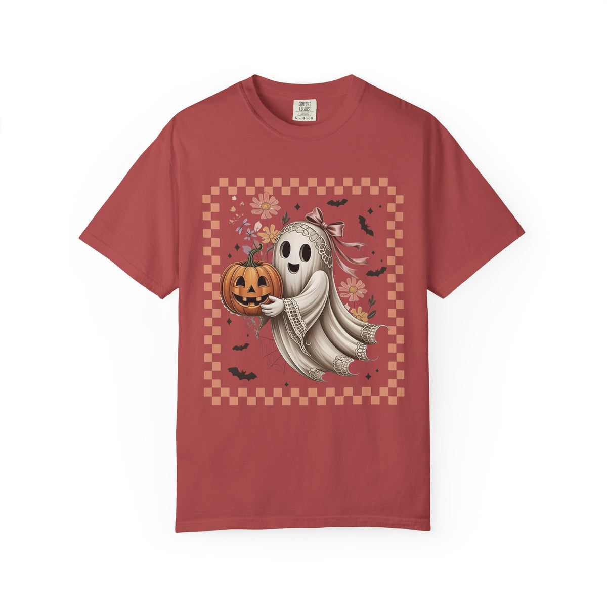 Ghost & Pumpkin Halloween T-Shirt — Cute Vintage Checkerboard Fall Tee