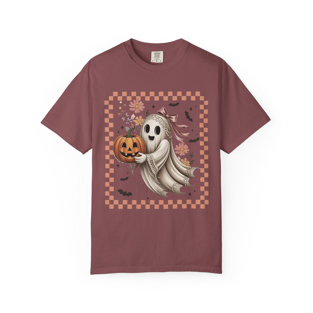 Ghost & Pumpkin Halloween T-Shirt — Cute Vintage Checkerboard Fall Tee