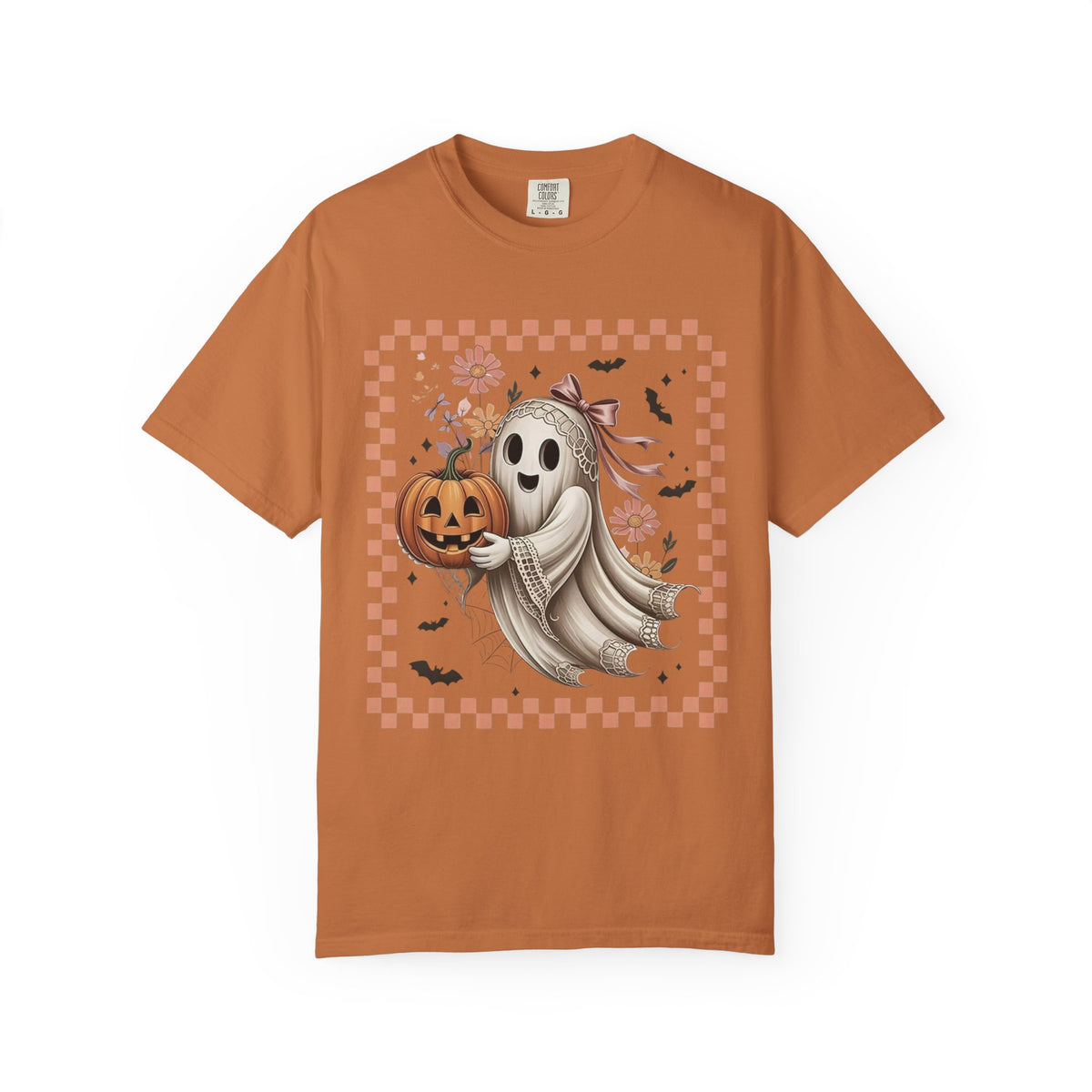 Ghost & Pumpkin Halloween T-Shirt — Cute Vintage Checkerboard Fall Tee