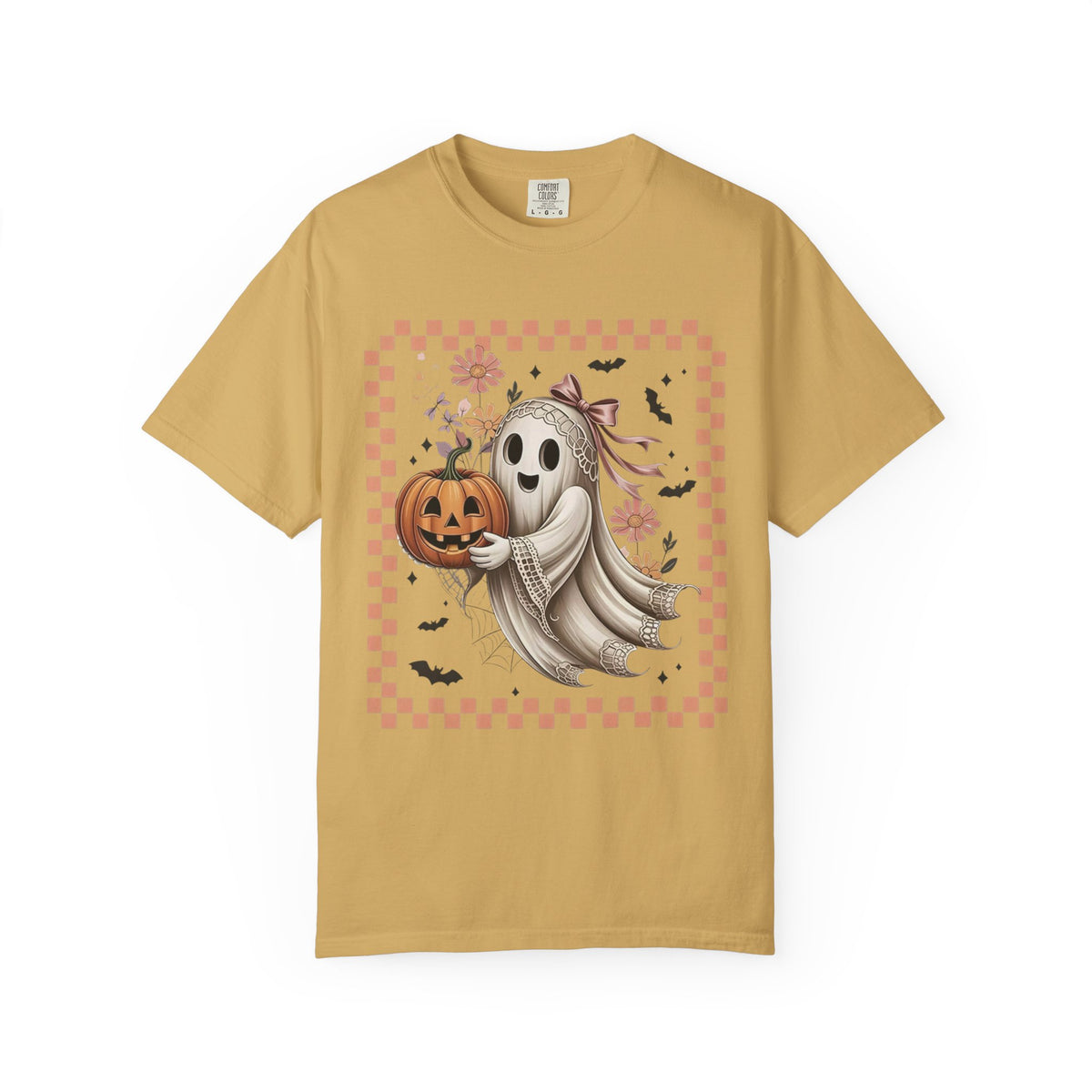 Ghost & Pumpkin Halloween T-Shirt — Cute Vintage Checkerboard Fall Tee