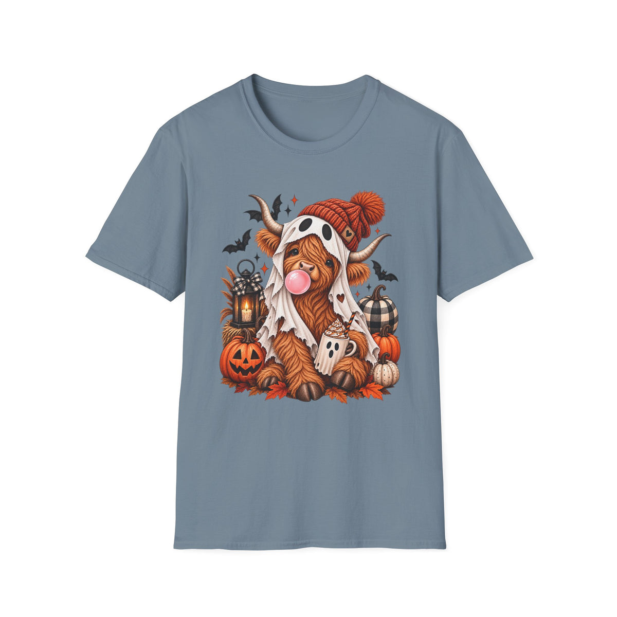Highland Cow Halloween T-Shirt — Cute Spooky Cow in Beanie with Pumpkins & Bats