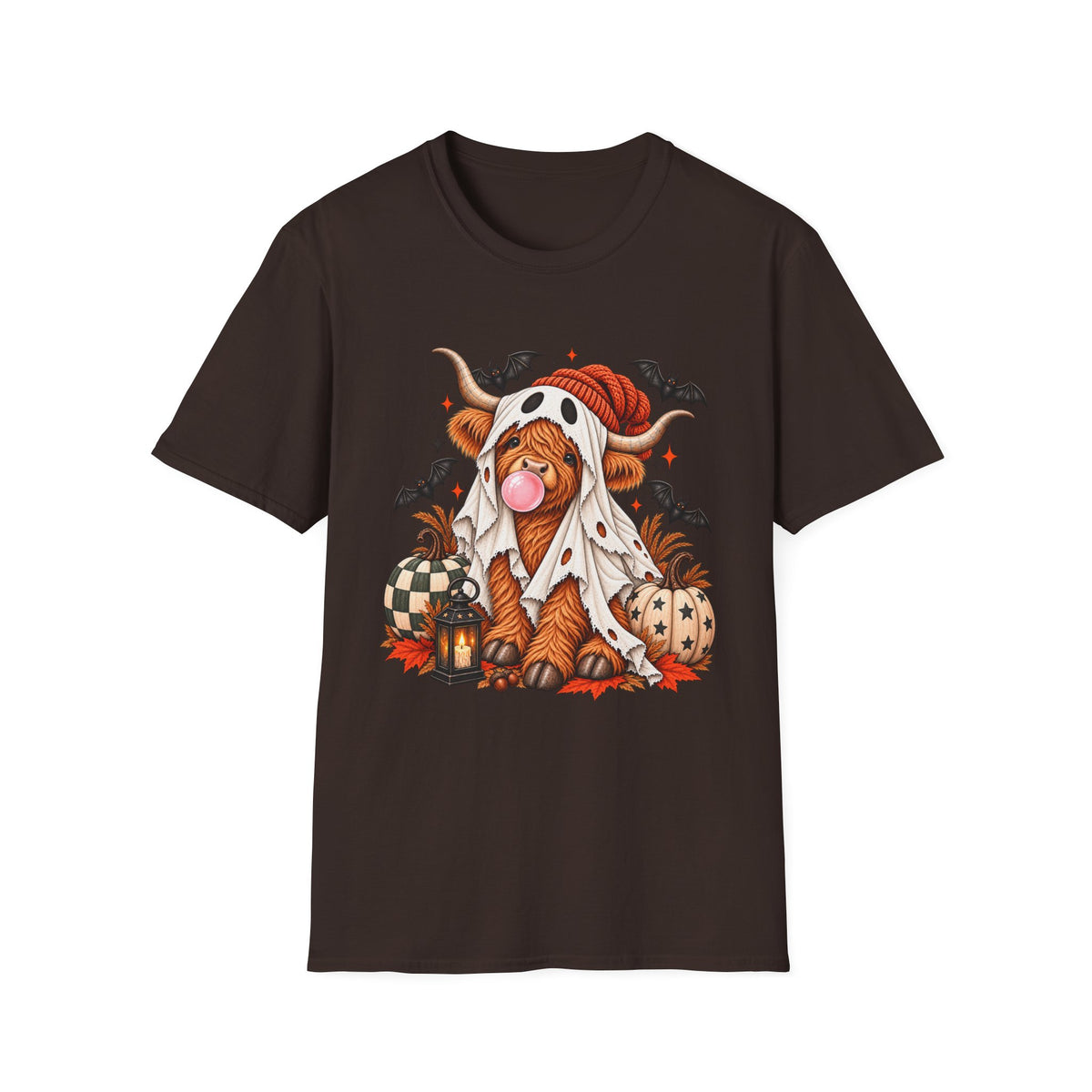 Halloween Highland Cow T-Shirt — Cute Cow in Ghost Costume with Bats & Pumpkins