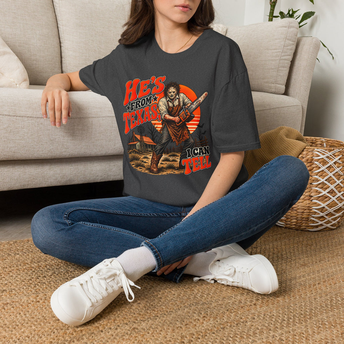 He's From Texas T‑Shirt — Vintage Chainsaw Graphic Tee