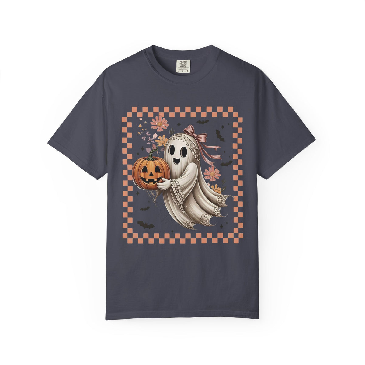 Ghost & Pumpkin Halloween T-Shirt — Cute Vintage Checkerboard Fall Tee