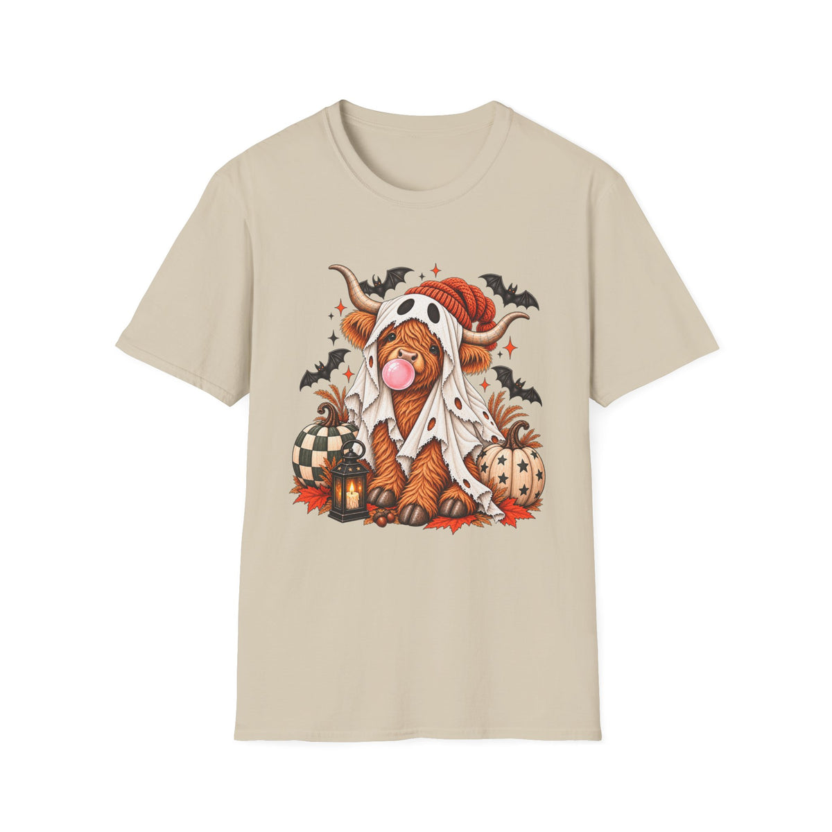 Halloween Highland Cow T-Shirt — Cute Cow in Ghost Costume with Bats & Pumpkins