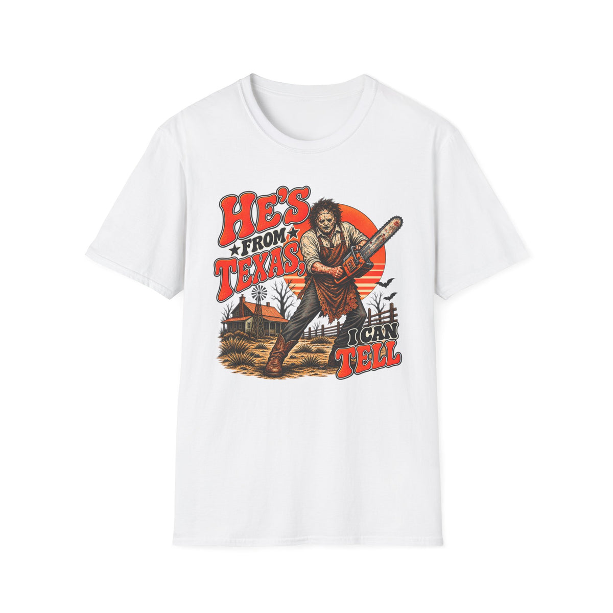 He's From Texas T‑Shirt — Vintage Chainsaw Graphic Tee