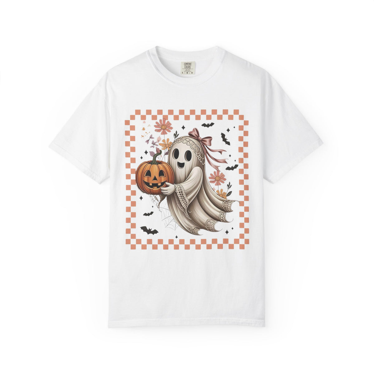 Ghost & Pumpkin Halloween T-Shirt — Cute Vintage Checkerboard Fall Tee