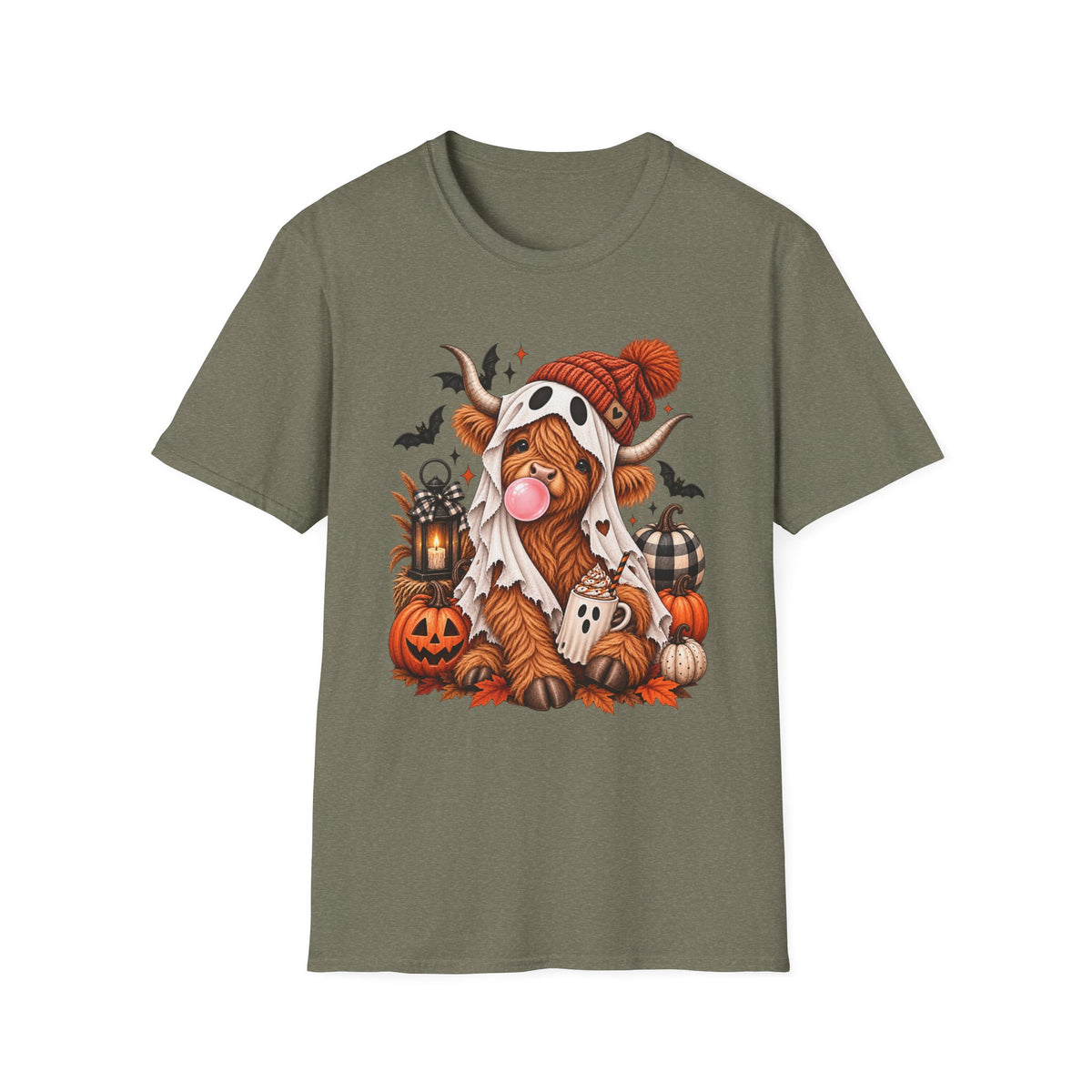 Highland Cow Halloween T-Shirt — Cute Spooky Cow in Beanie with Pumpkins & Bats