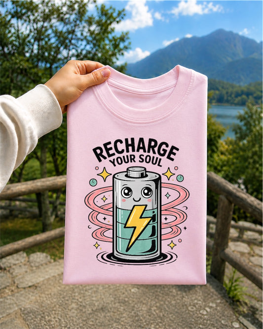 Recharge Your Soul T-Shirt — Cute Battery Graphic Tee for Self-Care & Relaxation