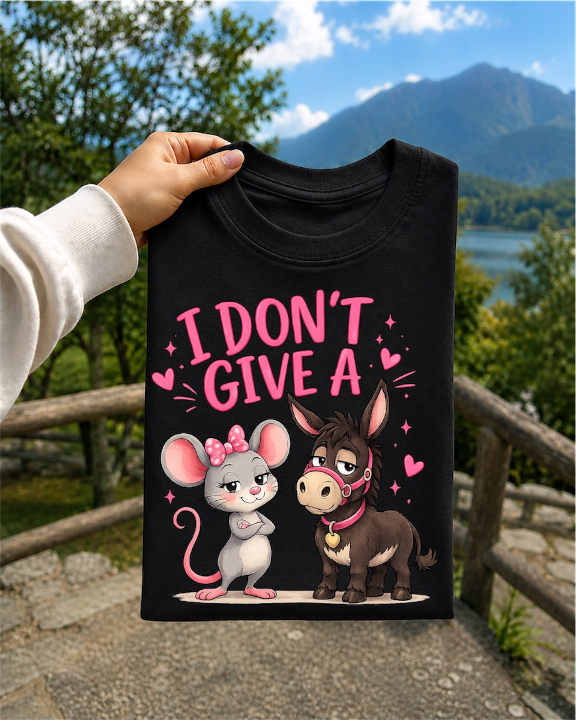 I Don't Give a — Cute Mouse & Donkey Graphic Tee