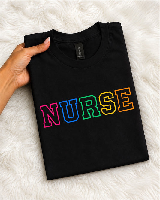 Nurse Rainbow Outline T-Shirt — Colorful Script Nursing Pride Tee