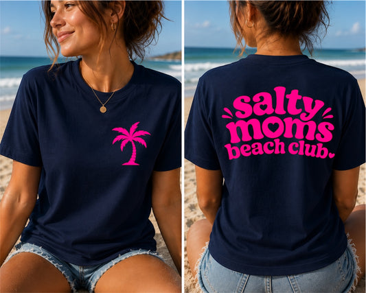 Salty Moms Beach Club T-Shirt — Pink Palm Graphic Tee