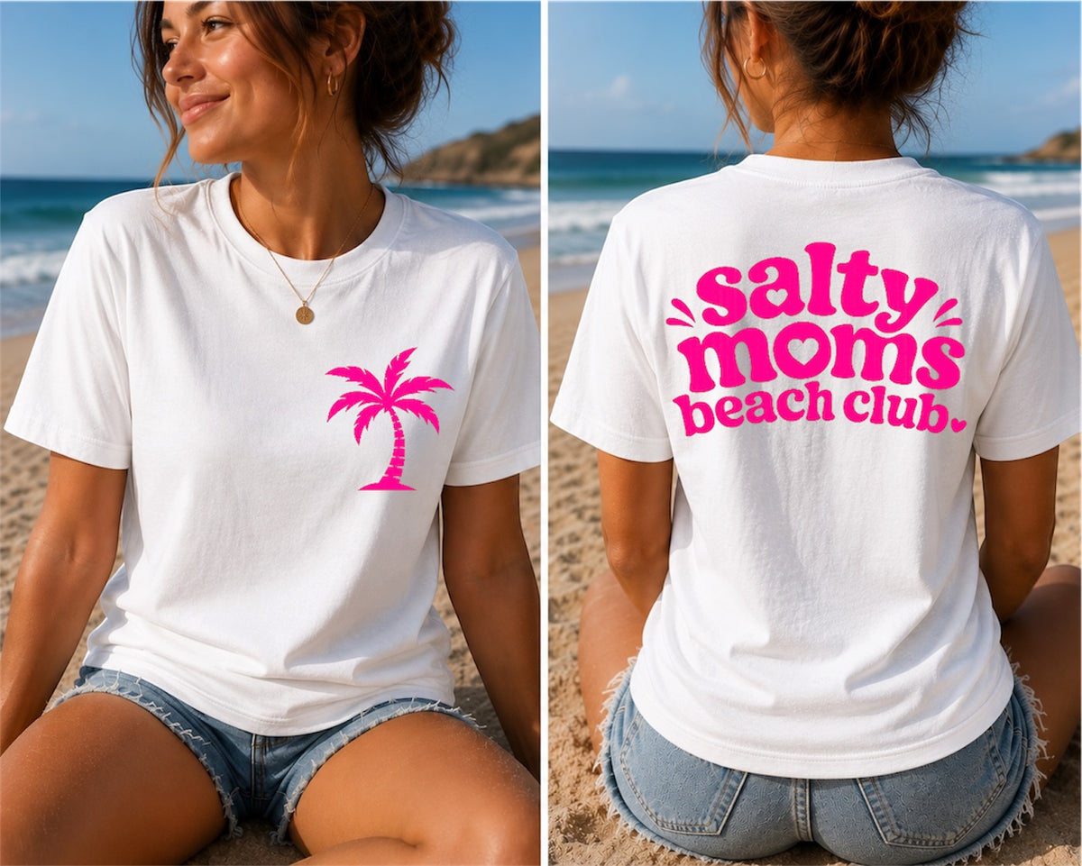 Salty Moms Beach Club T-Shirt — Pink Palm Graphic Tee