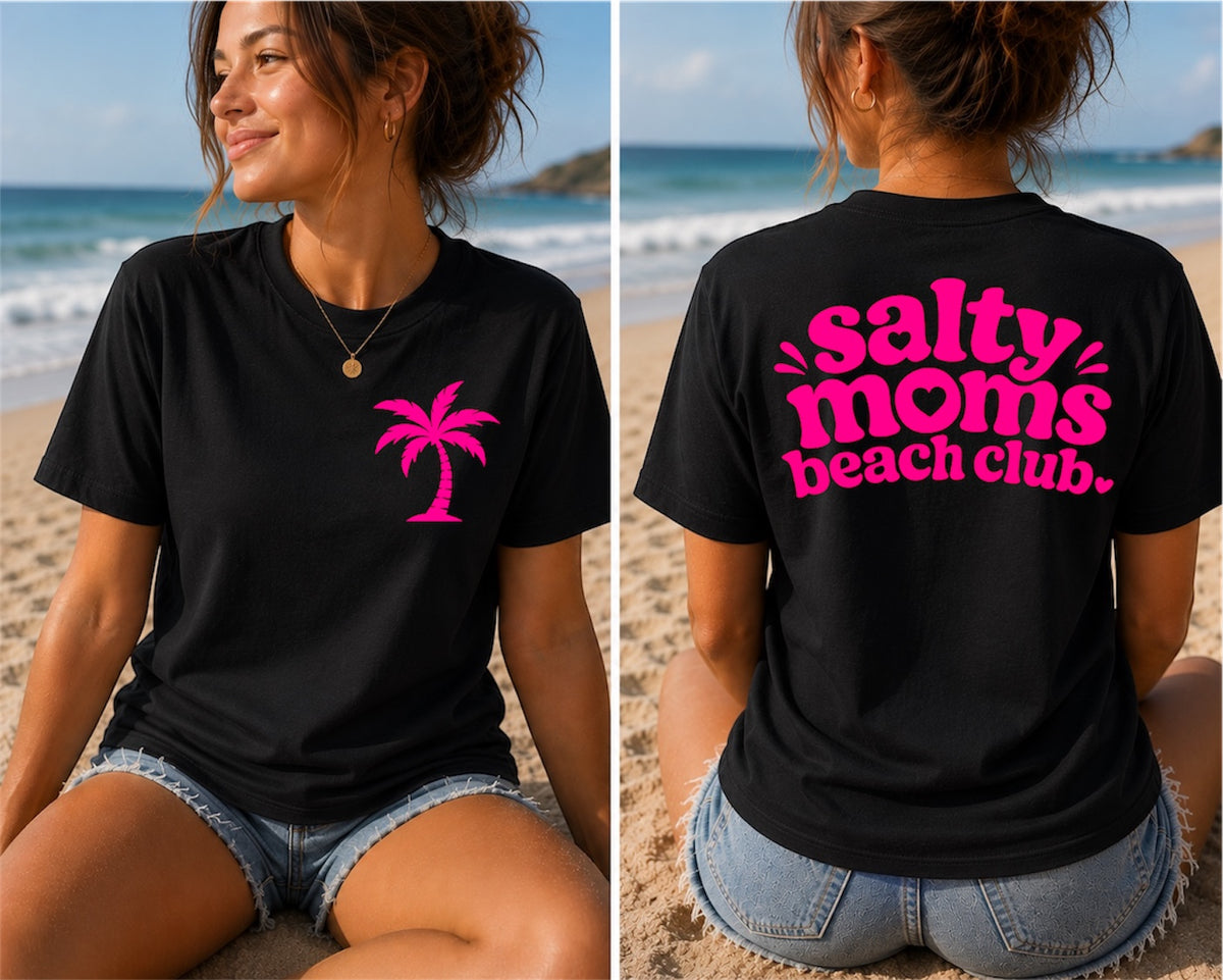 Salty Moms Beach Club T-Shirt — Pink Palm Graphic Tee