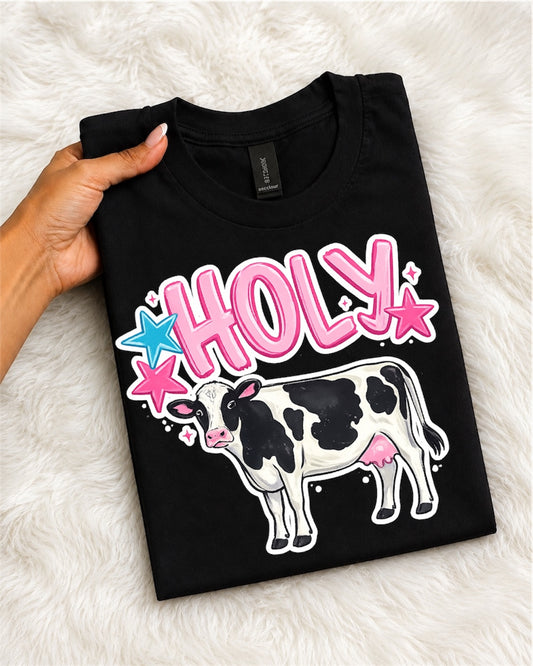 Holy Cow T-Shirt — Cute Cow Graphic Tee with 'HOLY' Pink Lettering