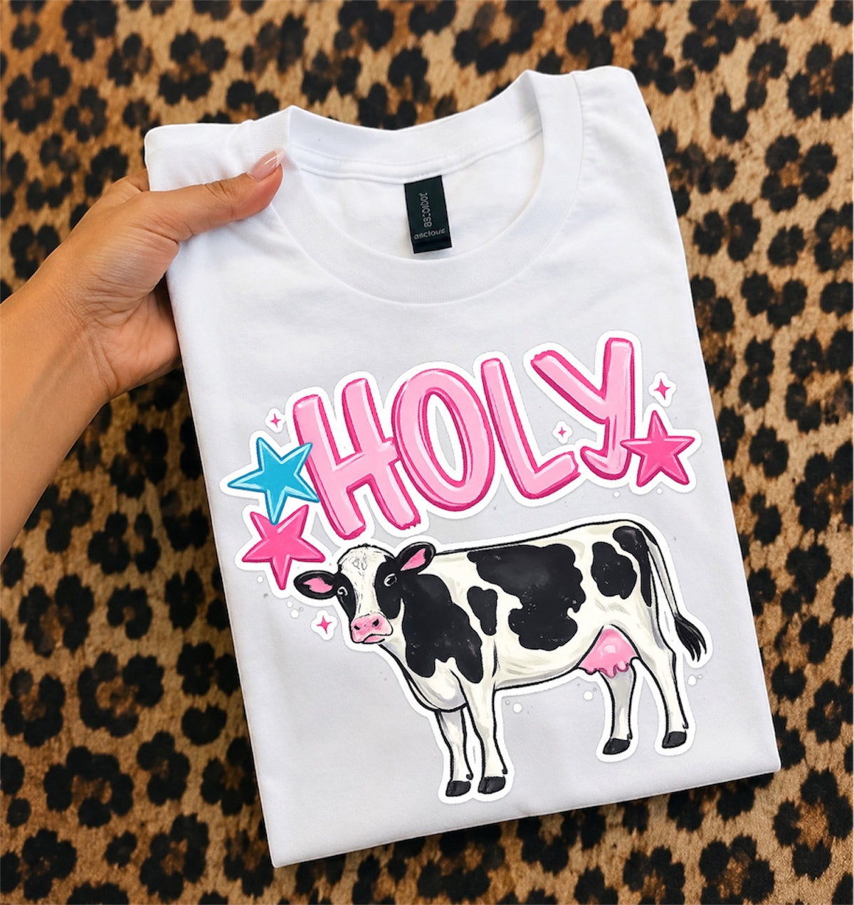 Holy Cow T-Shirt — Cute Cow Graphic Tee with 'HOLY' Pink Lettering