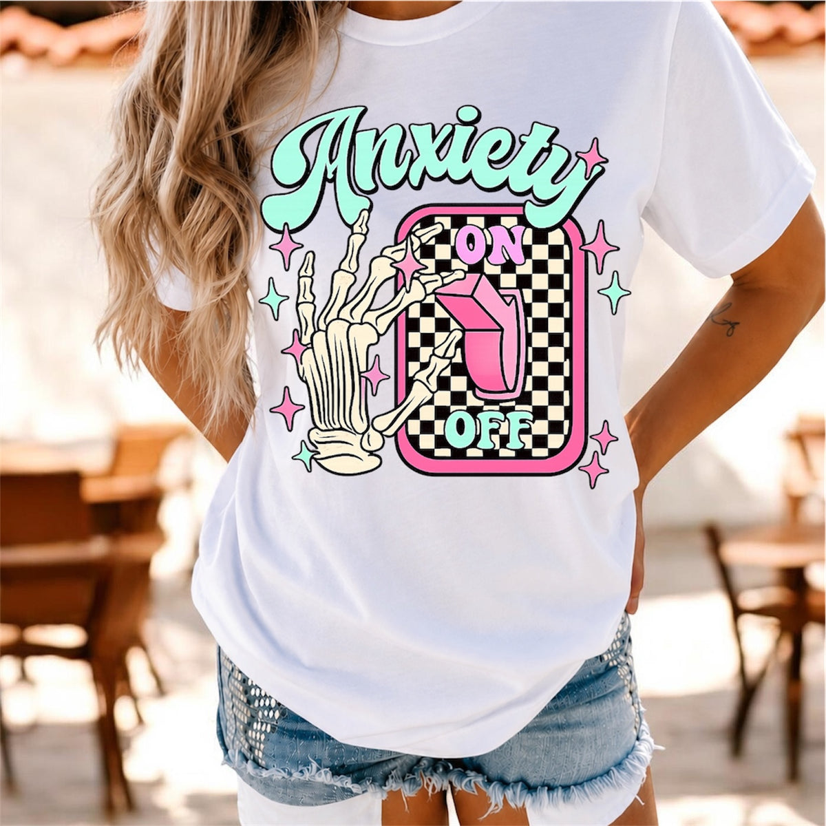 Anxiety On/Off Graphic T-Shirt — Retro Skeleton Switch Tee