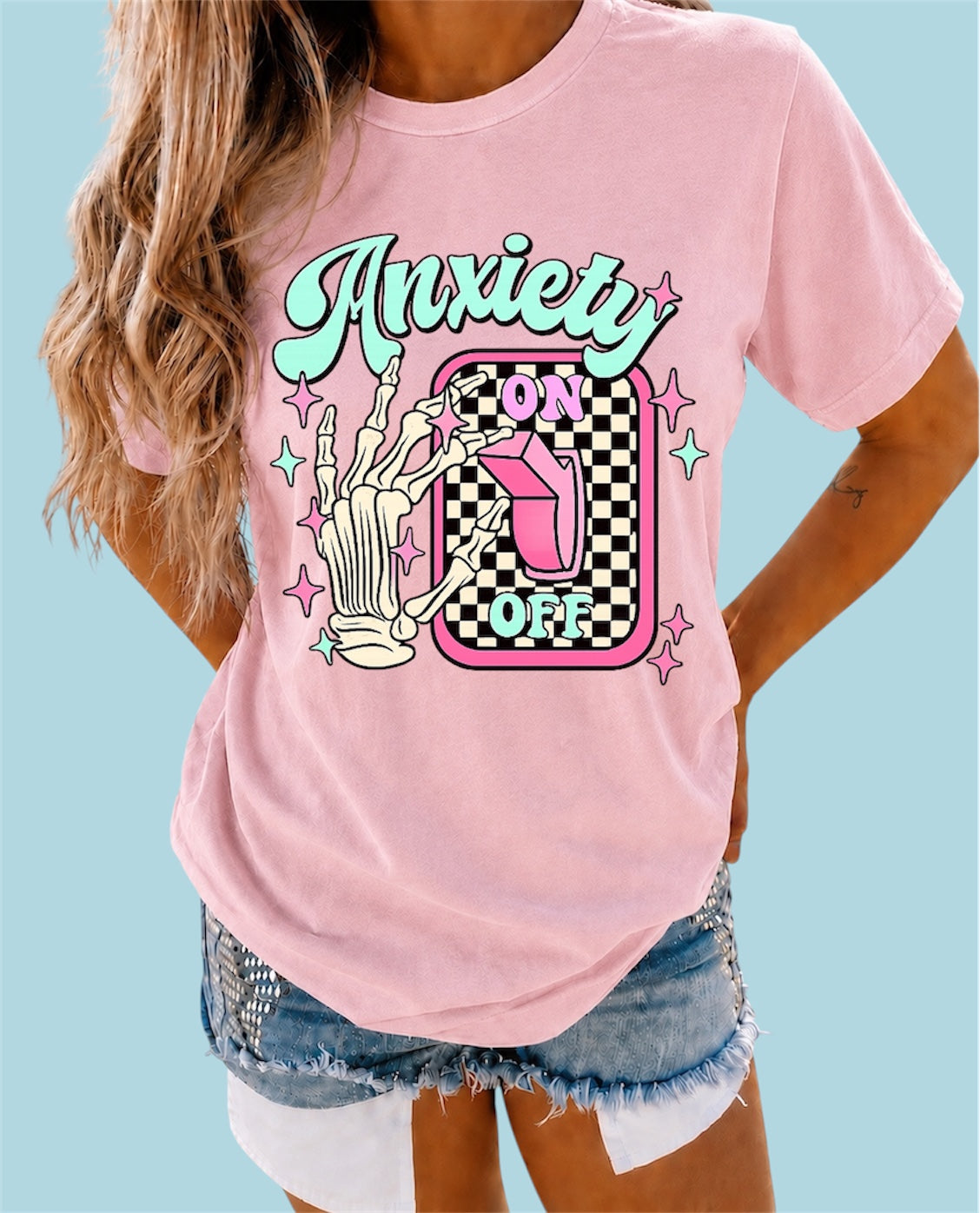 Anxiety On/Off Graphic T-Shirt — Retro Skeleton Switch Tee