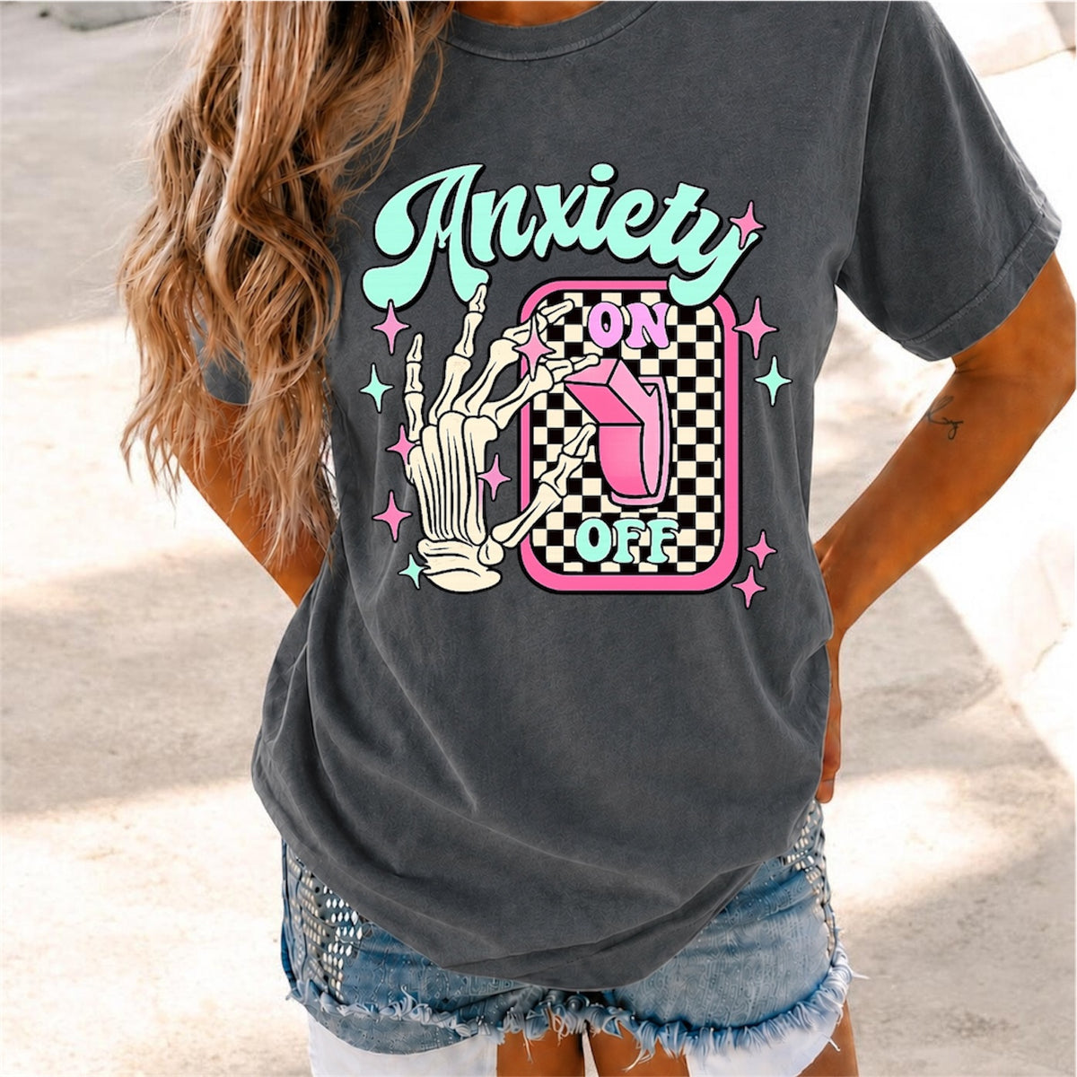 Anxiety On/Off Graphic T-Shirt — Retro Skeleton Switch Tee