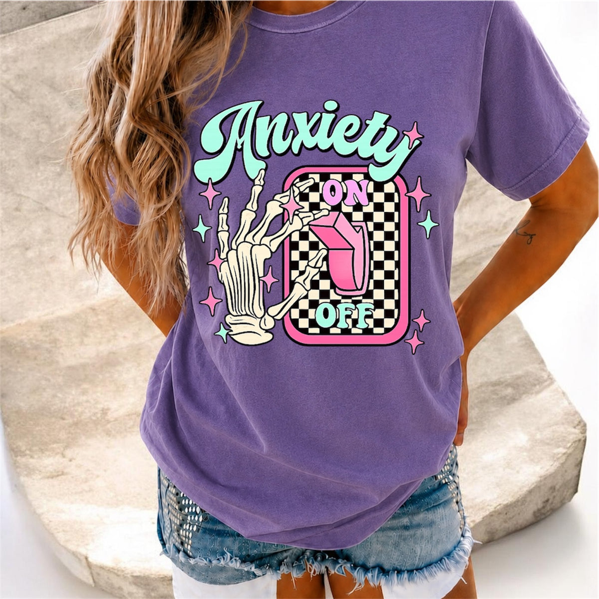 Anxiety On/Off Graphic T-Shirt — Retro Skeleton Switch Tee