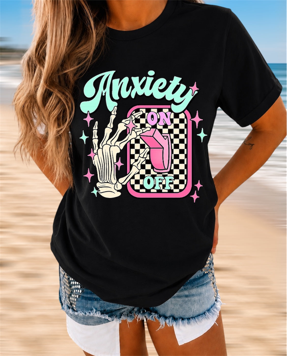 Anxiety On/Off Graphic T-Shirt — Retro Skeleton Switch Tee