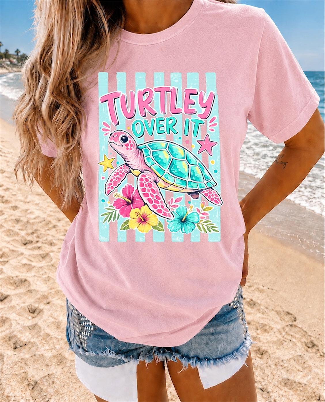 “Turtley Over It” Turtle Graphic T-Shirt — Cute Beachy Sea Turtle Tee