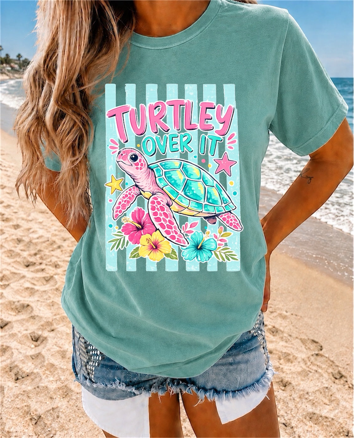 “Turtley Over It” Turtle Graphic T-Shirt — Cute Beachy Sea Turtle Tee