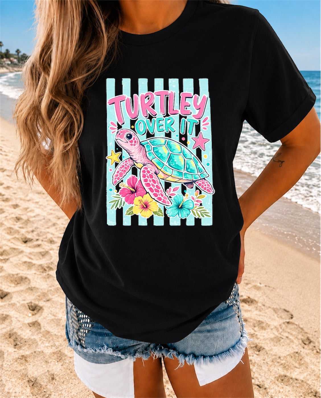 “Turtley Over It” Turtle Graphic T-Shirt — Cute Beachy Sea Turtle Tee