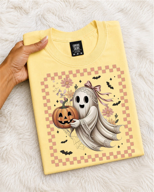 Ghost & Pumpkin Halloween T-Shirt — Cute Vintage Checkerboard Fall Tee