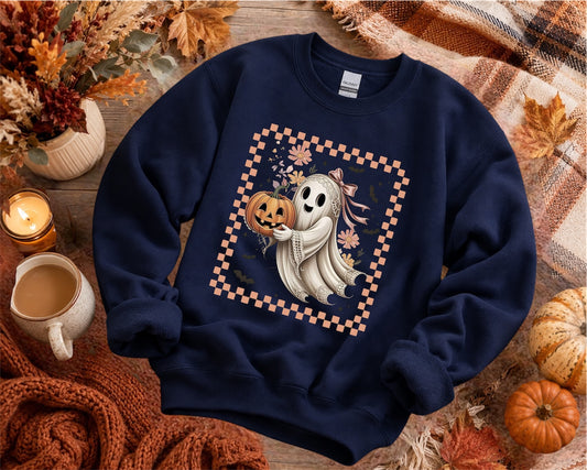 Halloween Ghost Sweatshirt — Cute Ghost Holding Jack-o'-Lantern Crewneck