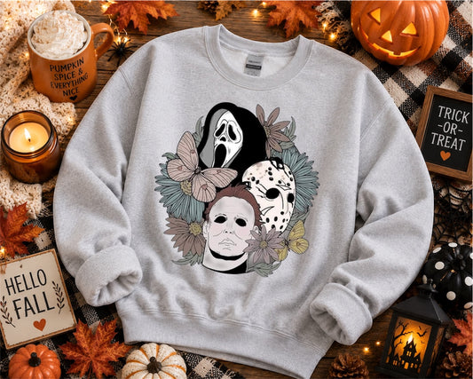 Horror Icons Floral Crewneck Sweatshirt — Scream, Michael Myers & Jason Mask Graphic