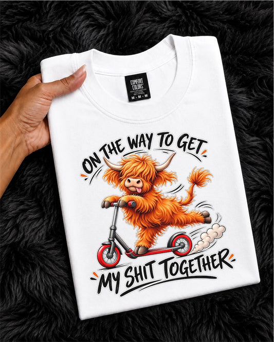 Funny Cow Scooter T-Shirt — "On the Way to Get My Shit Together" Graphic Tee