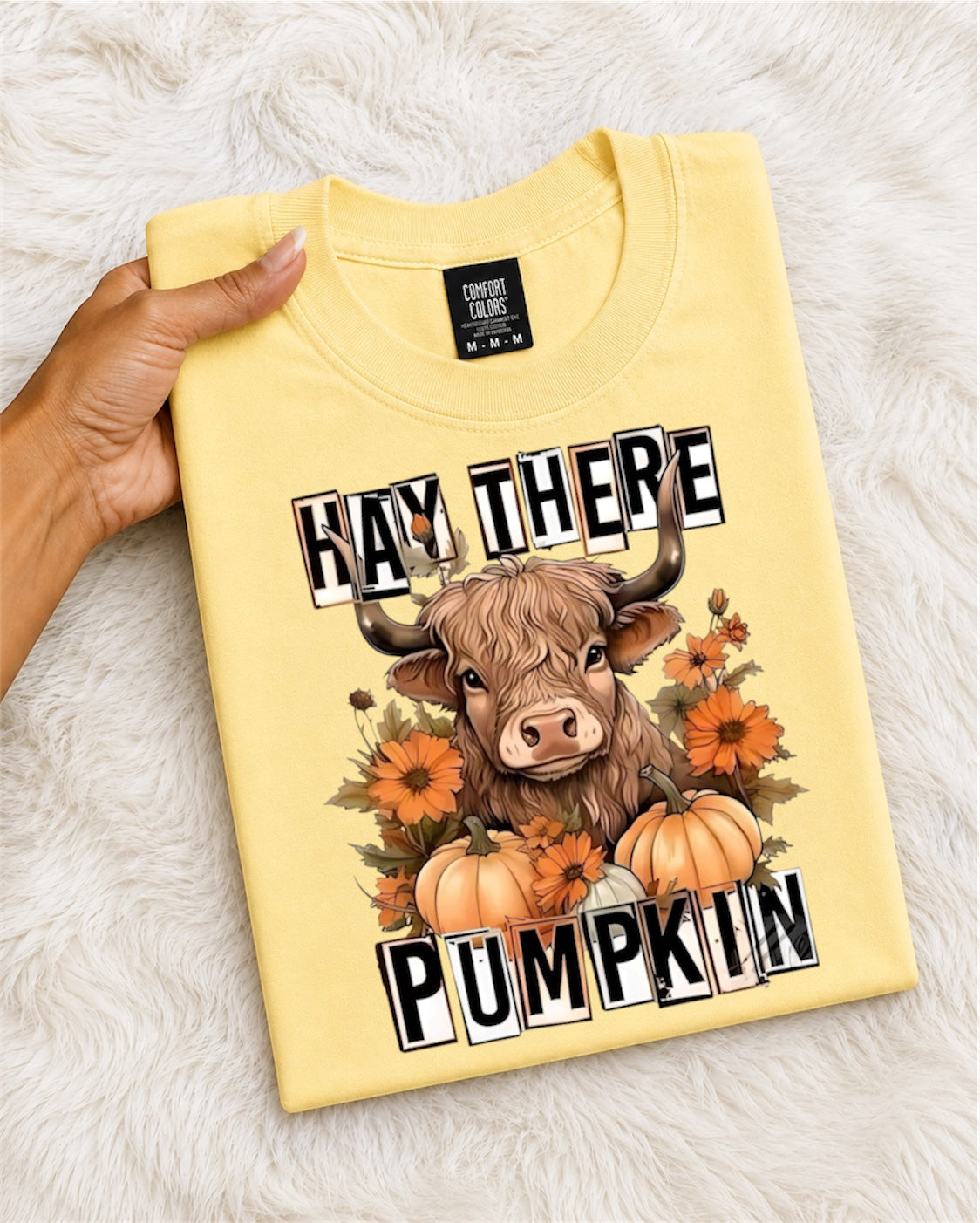 Hay There Pumpkin T-Shirt – Autumn Highland Cow with Pumpkins & Sunflowers