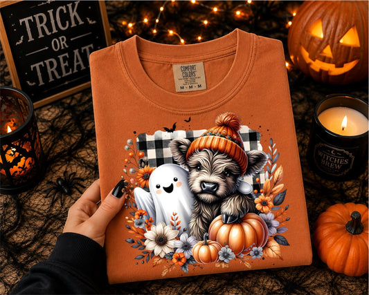 Halloween Cow & Ghost T-Shirt — Autumn Pumpkin Cozy Tee