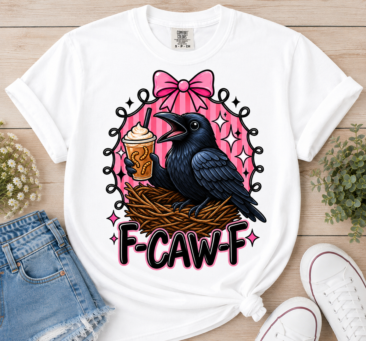 Raven & Coffee Graphic Tee — “F-CAW-F” Cute Goth Bird T-Shirt