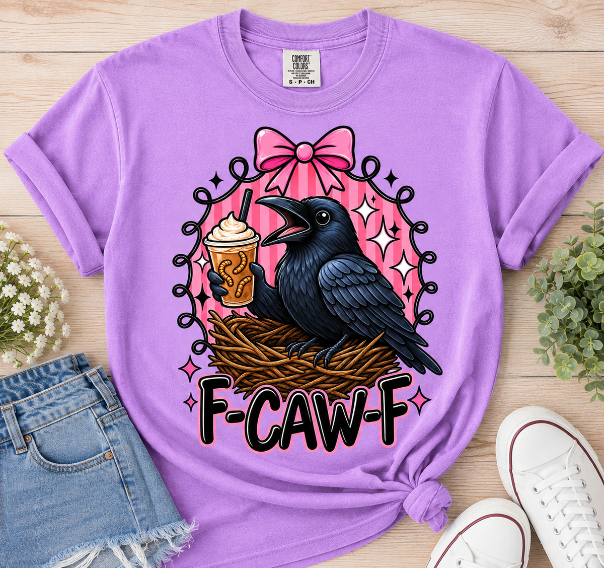 Raven & Coffee Graphic Tee — “F-CAW-F” Cute Goth Bird T-Shirt