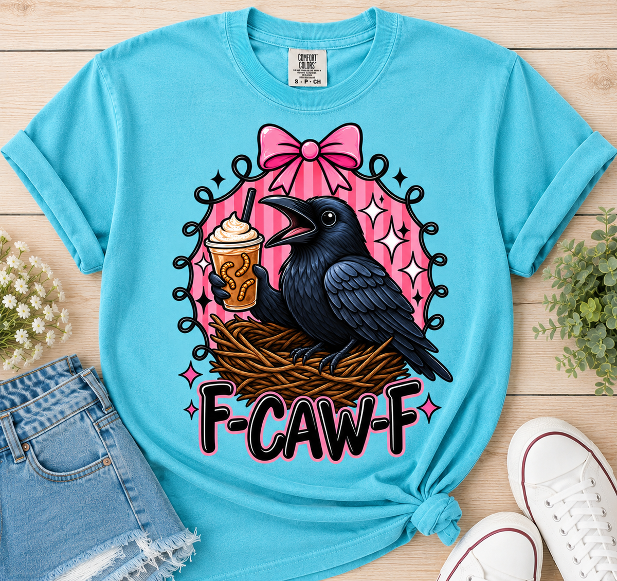 Raven & Coffee Graphic Tee — “F-CAW-F” Cute Goth Bird T-Shirt