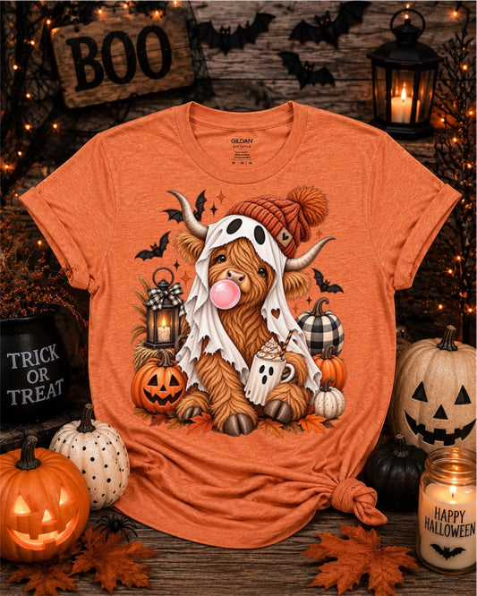 Highland Cow Halloween T-Shirt — Cute Spooky Cow in Beanie with Pumpkins & Bats