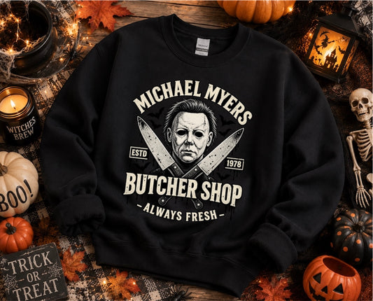 Butcher Shop Crewneck Sweatshirt — "Michael Myers" Horror Vintage Graphic