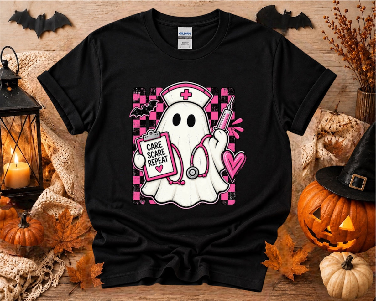 Nurse Ghost Tee — Cute Nurse Ghost Holding Syringe & 'Care' Clipboard Graphic