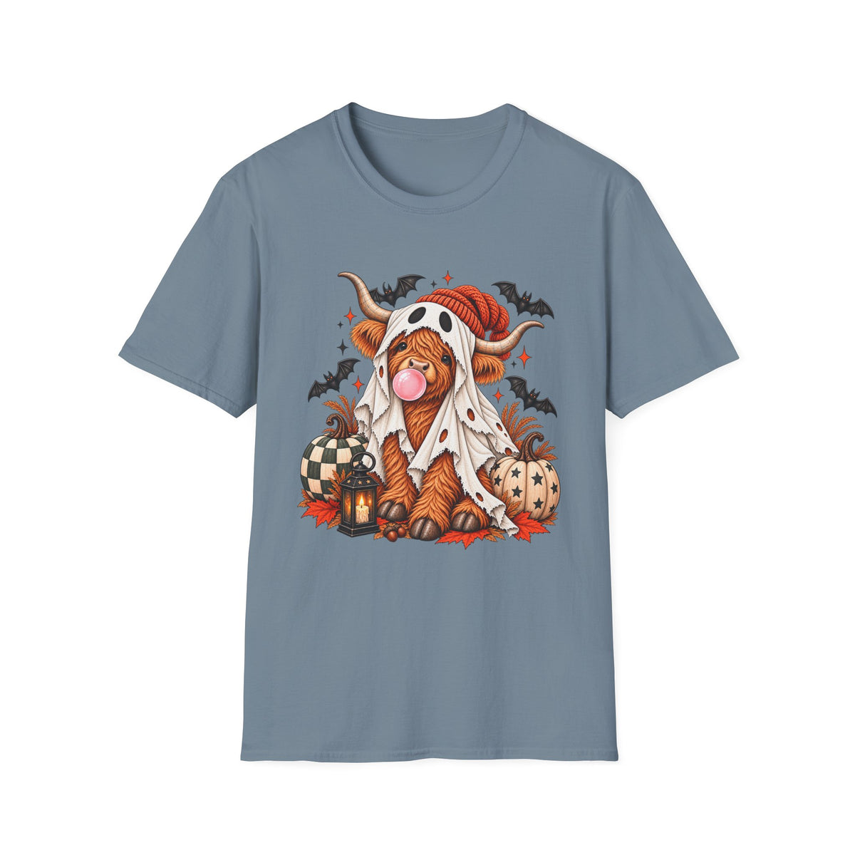 Halloween Highland Cow T-Shirt — Cute Cow in Ghost Costume with Bats & Pumpkins