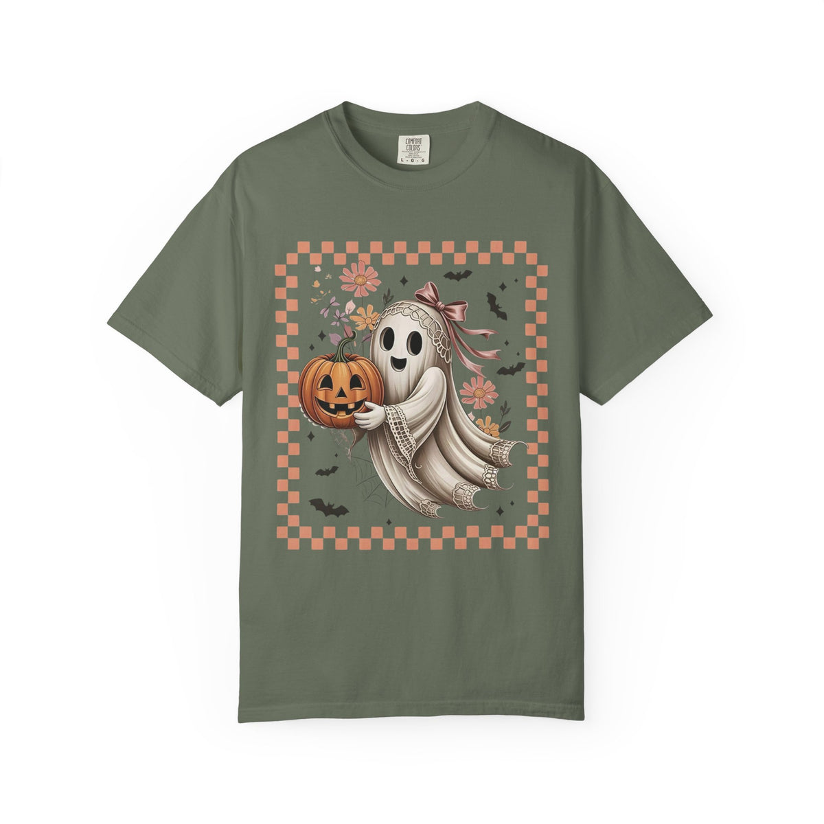 Ghost & Pumpkin Halloween T-Shirt — Cute Vintage Checkerboard Fall Tee