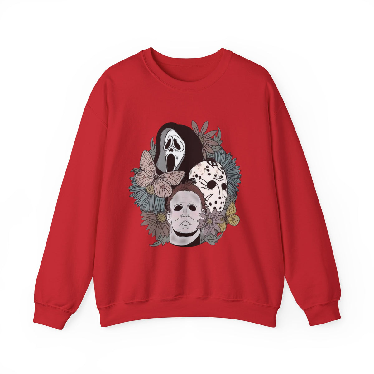 Horror Icons Floral Crewneck Sweatshirt — Scream, Michael Myers & Jason Mask Graphic