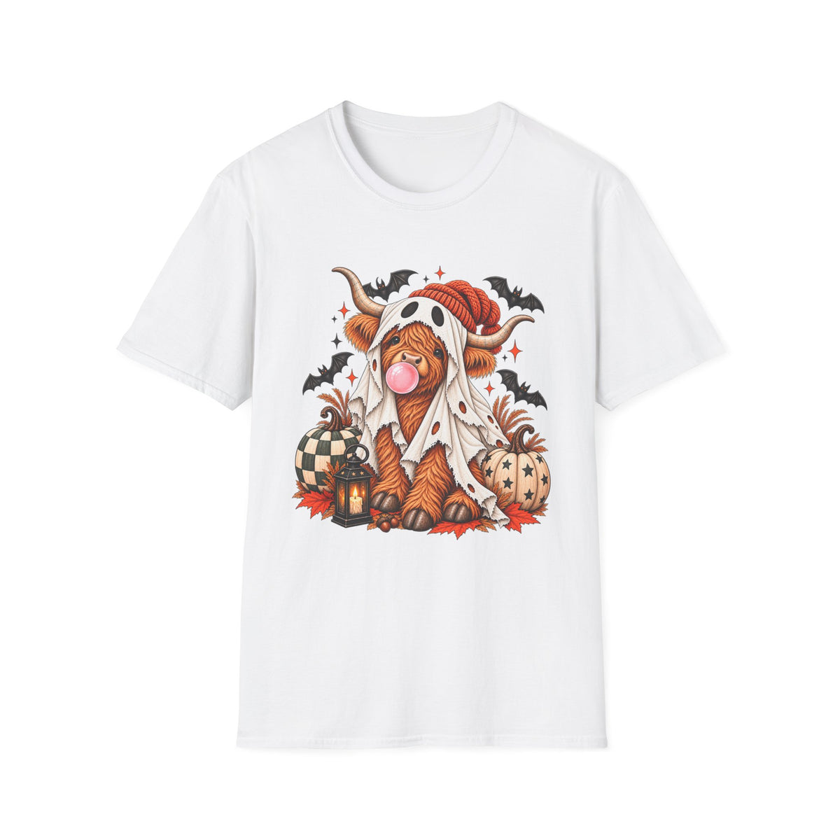 Halloween Highland Cow T-Shirt — Cute Cow in Ghost Costume with Bats & Pumpkins
