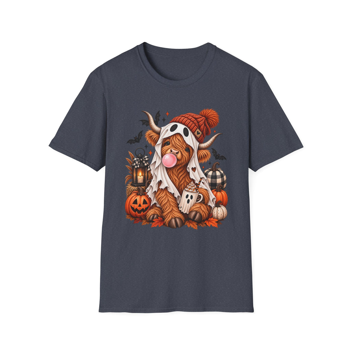 Highland Cow Halloween T-Shirt — Cute Spooky Cow in Beanie with Pumpkins & Bats